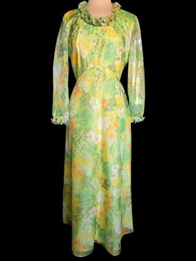 VTG 60s Mod Hippie Dress Long Chiffon Green Daisy Floral Formal Hostess Gown